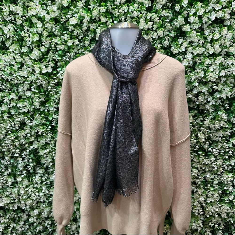 Liz Claiborne black silver grey metallic scarf fringed ends lightweight dressy